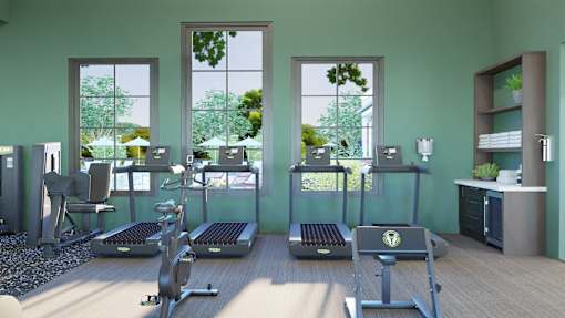 A gym with treadmills, exercise bikes, and other equipment.