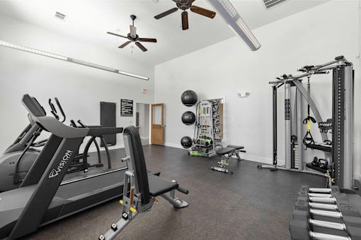 A spacious gym with treadmills, weights, and exercise equipment.