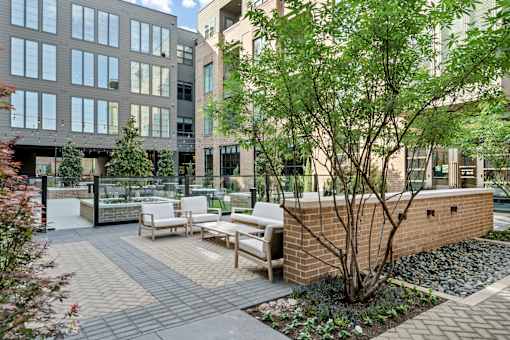 A courtyard with a brick wall and a tree in the middle.