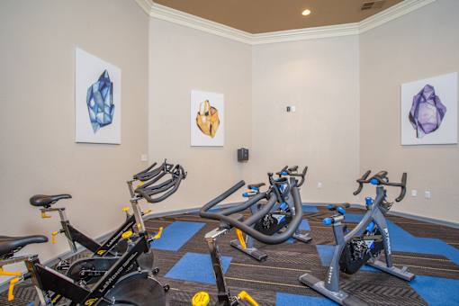 A room with exercise bikes and artwork on the wall.