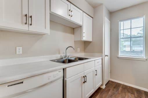 the preserve at ballantyne commons apartment kitchen with sink and white cabinets