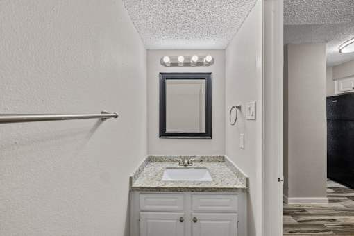 A bathroom with a sink and a mirror.