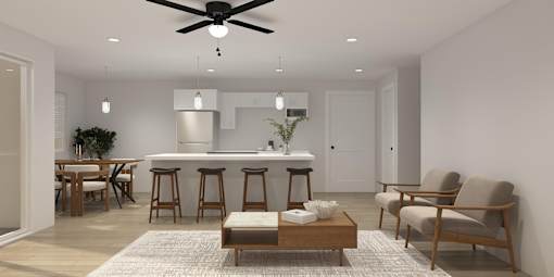 A modern living room with a bar area and a dining table.