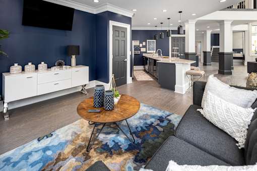 A living room with a grey couch and a wooden coffee table.