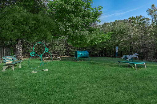 a large grassy area with a playground