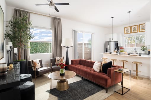 a living room with a couch and a table