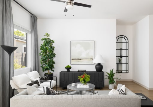 a living room with a couch and a table