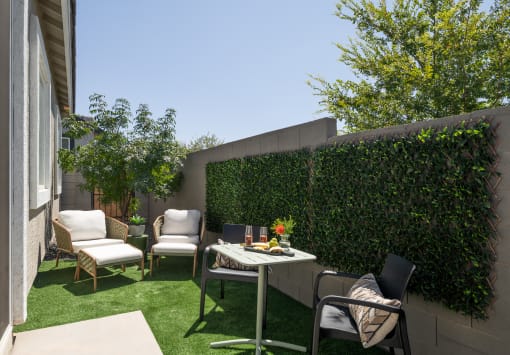 a backyard patio with a table and chairs and a privacy hedge