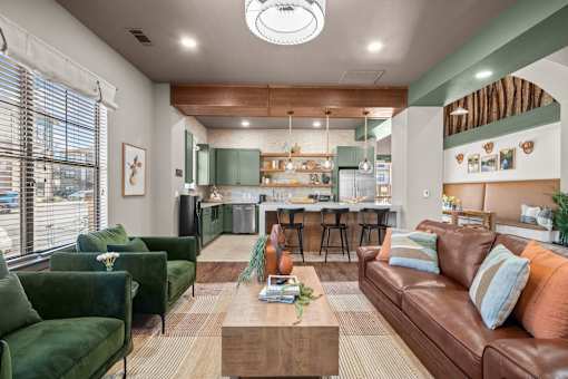 A living room with a green couch and a brown couch.