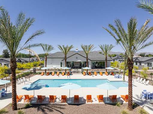 A pool surrounded by palm trees and lounge chairs.