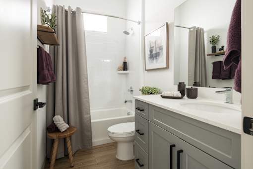 A bathroom with a toilet, sink, and shower.