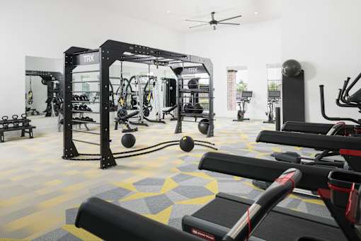 A gym with a variety of equipment including a TRX system.