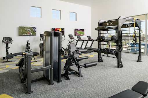 A gym with TRX equipment and a bench.
