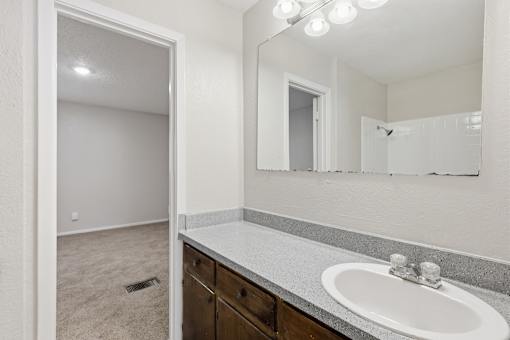 A bathroom with a sink, mirror, and carpeted floor.