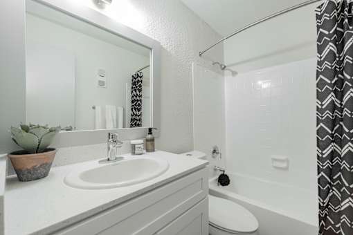 A bathroom with a sink, toilet, and shower.