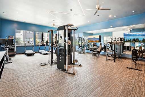 A gym with a variety of equipment including treadmills, weights, and exercise machines.