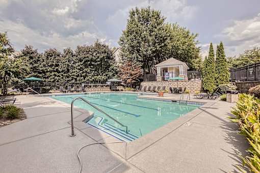 A large outdoor swimming pool surrounded by trees and a gazebo.