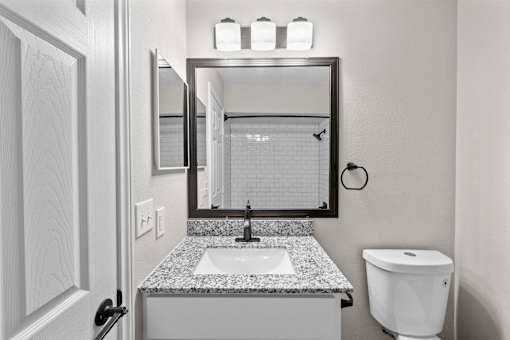 A bathroom with a sink, mirror, and toilet.