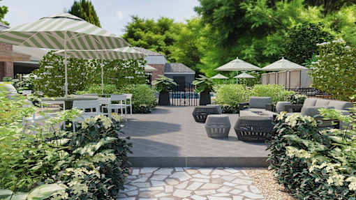 A garden with a pathway, white chairs, and umbrellas.
