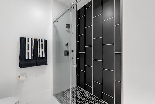 A bathroom with a toilet, a glass shower stall, and a black and white tiled wall.