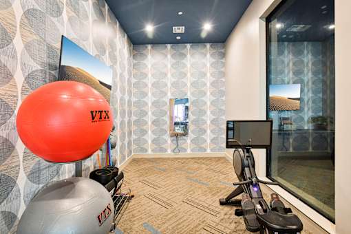 A room with a red VTX ball and a grey VTX ball on the floor.