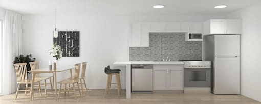 A kitchen with a dining table and chairs.