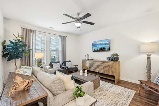 A living room with a couch, a coffee table, a TV, and a plant.