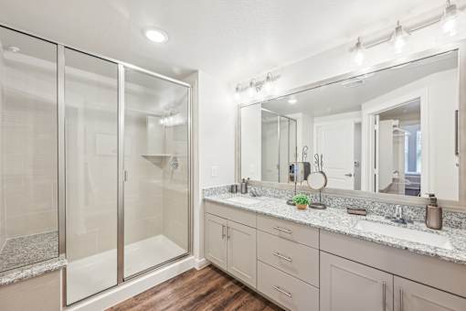 A bathroom with a large mirror and a walk-in shower.