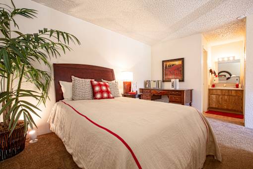 a bedroom with a large bed and a potted plant