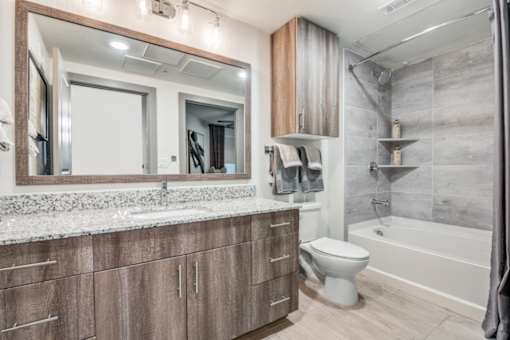 A bathroom with a white toilet and a large mirror.
