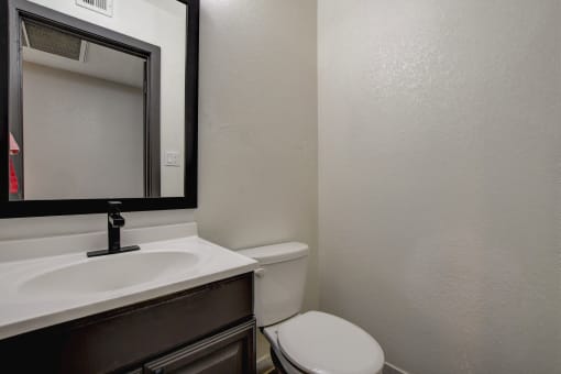 a bathroom with a toilet and a sink and a mirror