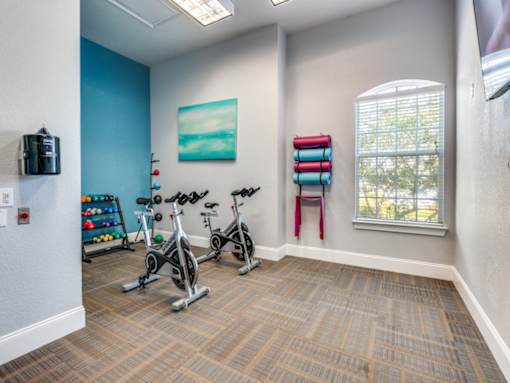 A room with exercise equipment and a window.