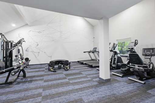 A gym with a variety of equipment including treadmills, weights, and a stationary bike.