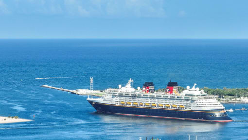 a cruise ship in the ocean near a beach