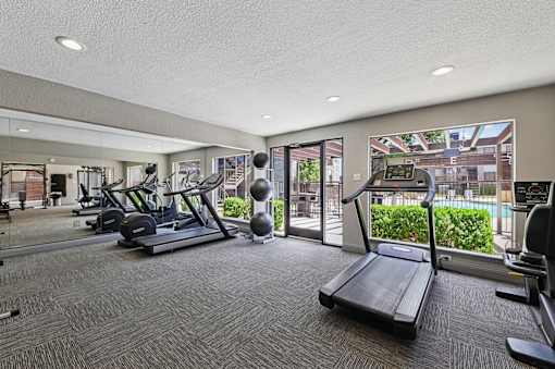 A gym with treadmills, weights, and exercise equipment.