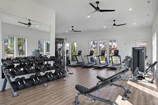 A gym with a variety of equipment including treadmills, weights, and exercise machines.