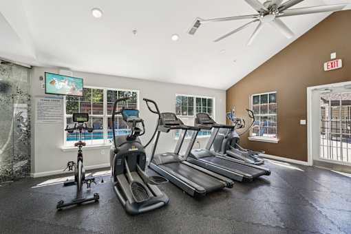 A gym with treadmills, elliptical machines, and a fan.