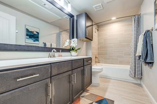 A bathroom with a white toilet, a sink with a mirror above it, and a bathtub with a shower curtain.