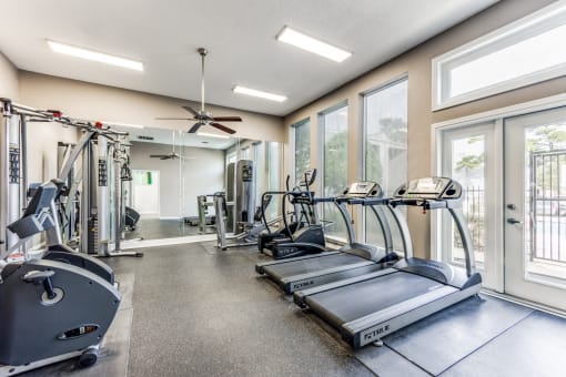a room filled with rows of cardio equipment and windows
