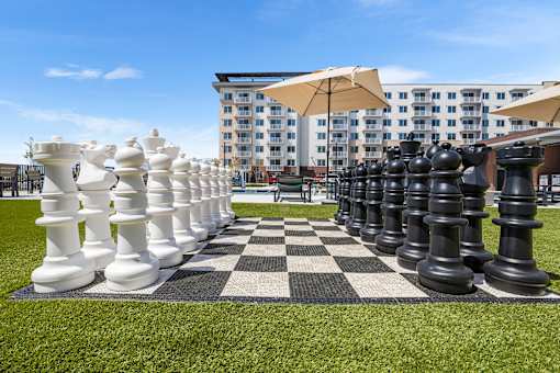 Giant chess pieces on a grassy field.