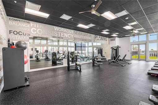 A gym with a variety of equipment including treadmills, weights, and exercise machines.