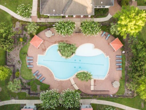 an aerial view of a pool with trees around it