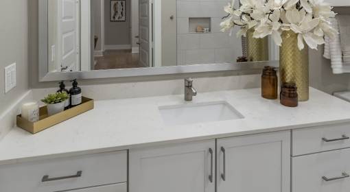 A bathroom with a white counter top and a gold tray with plants on it.