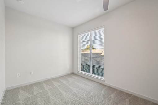 A room with a window and a carpet on the floor.