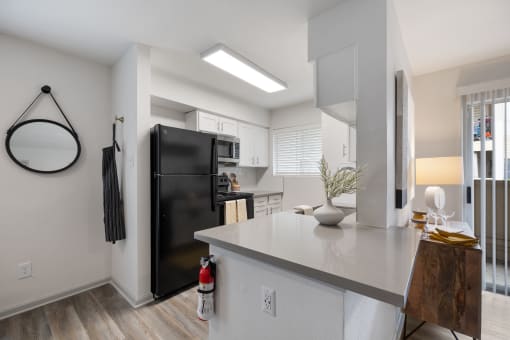 a kitchen with a black refrigerator and a white counter top