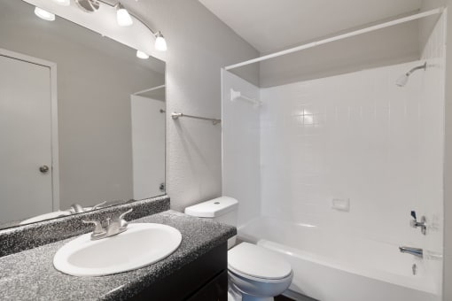 a bathroom with a sink toilet and shower and a mirror