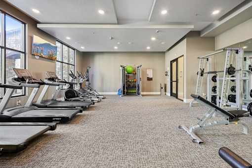 A gym with treadmills, weights, and exercise equipment.