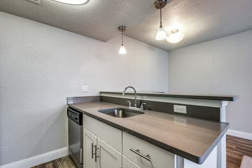A kitchen with a sink and a stove top oven.