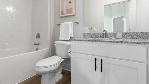 A white toilet sits next to a sink in a bathroom.
