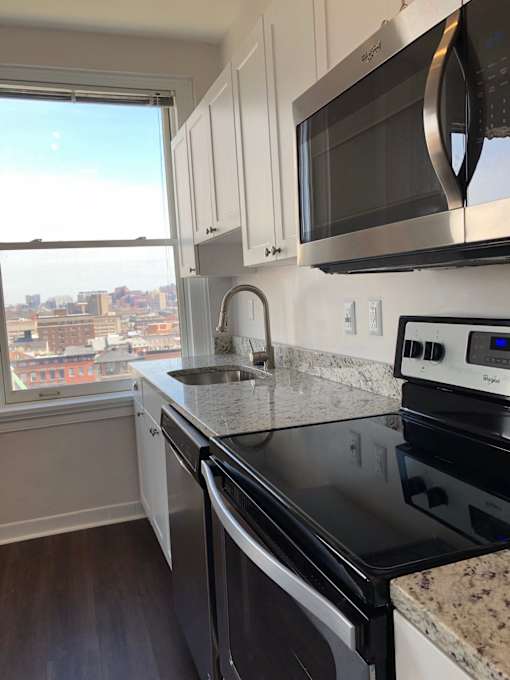 A kitchen with a stove, microwave, and dishwasher.